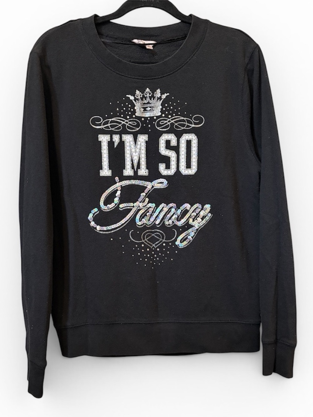 Juicy Couture Y2K Bling So Fancy Black Sweatshirt Rhinestone Sparkle Crown Small